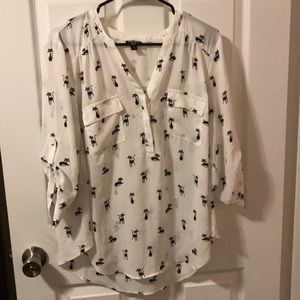 White blouse with fun black cat print!